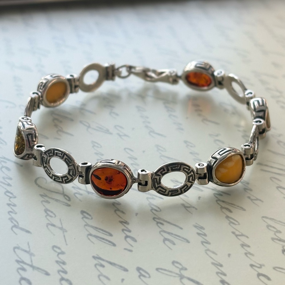Multi Amber Oval Sterling Silver Women's Link Bracelet - Picture 1 of 5